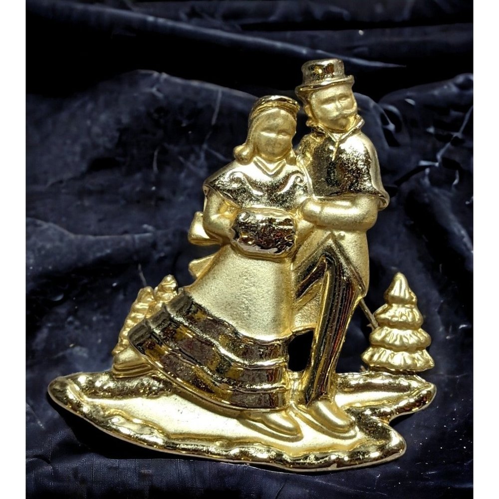 Vintage AJC Victorian Christmas Skaters Brooch